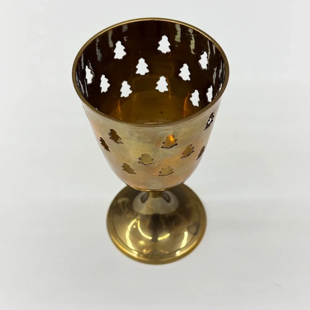 Vintage Brass‎ Christmas Tree Cutout Candle Holder Chalice Pedestal Gold Tone